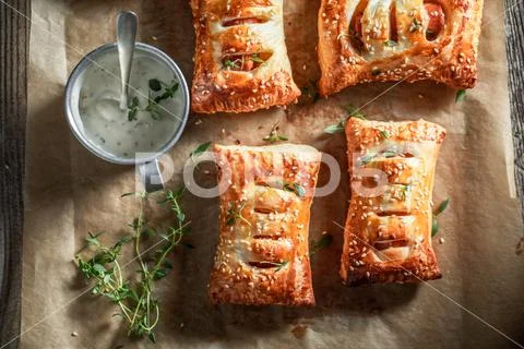 Crispy sausage in puff pastry as a snack for breakfast Stock Photos