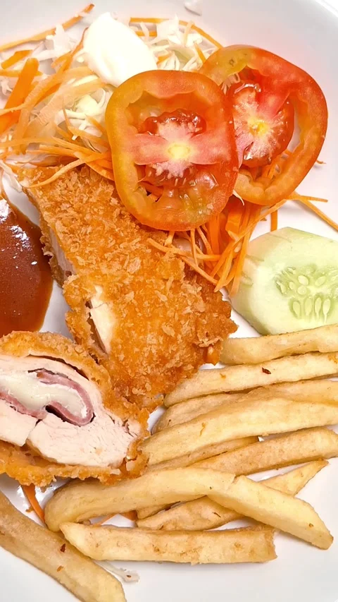 Crispy Sliced Chicken Cordon Bleu With Fries Vídeos de archivo 340439481