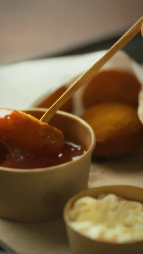 Crispy snacks and dipping sauce served in a casual dining setting Stock Footage 331541378