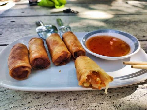 Crispy spring rolls with dipping sauce served on a plate outdoors during a .. Stock Photos