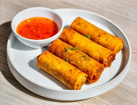 Crispy Spring Rolls with Vegetables and Dipping Sauce for Premium Appetizer.. Stock Photos