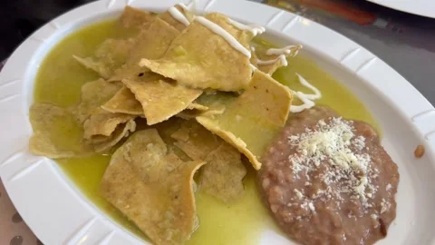 Crispy tortilla chips with green salsa and refried beans garnished with Stock Footage 291794115