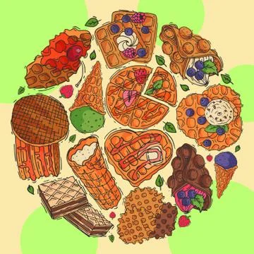 Crispy wafer round pattern chocolate cream flavor belgian dessert cookie poster Stock Illustration