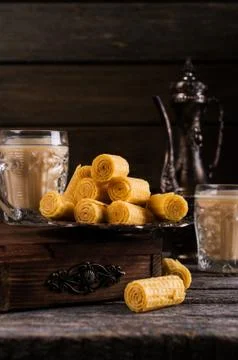 Crispy waffle rolls Stock Photos
