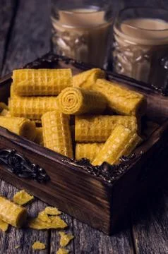 Crispy waffle rolls Stock Photos