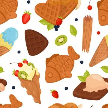 Crispy waffles seamless pattern. Tasty desserts with cream, berries and fruits 스톡 일러스트