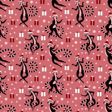 Cristmas pattern with lemurs on pink background Stock Illustration