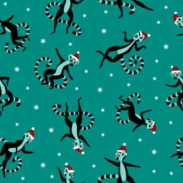 Cristmas seamless pattern with cute lemurs Stock Illustration