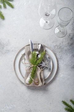 Cristmas table cutlery set with holiday decoration. Top view, copy space Stock Photos