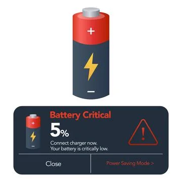 Critical battery level alert UI popup vector illustration Stock Illustration