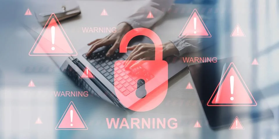 Critical Cybersecurity Breach Warning with Data Protection Risks Stock Photos