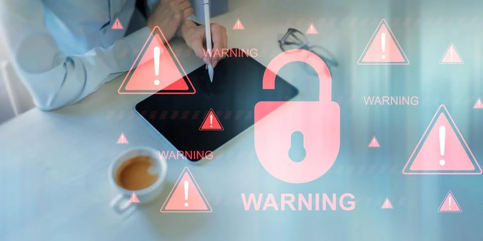 Critical Cybersecurity Breach Warning with Data Protection Risks. Fotos Stock