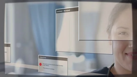 Critical Error dialogs appearing on glass over doctor's face, notepad sliding, Stock Footage 333287224