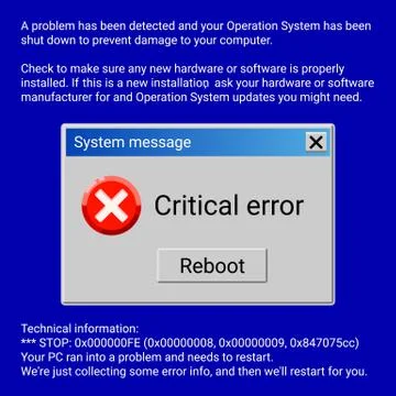 Critical error system message on blue screen Illustrazione stock