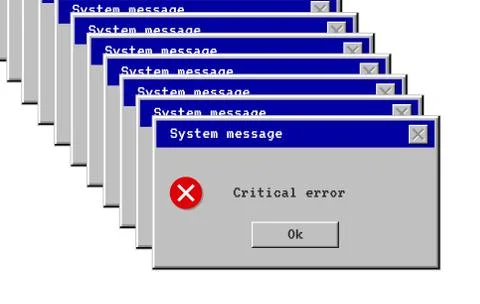 Critical error. System message window old style. Virus popup icon. pc alert.  Illustrazione stock