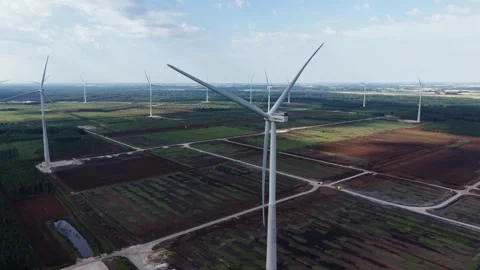 Critical Infrastructure, Wind Farm Over Kaigu Bog, Latvia, Aerial View Stock Footage 341522344