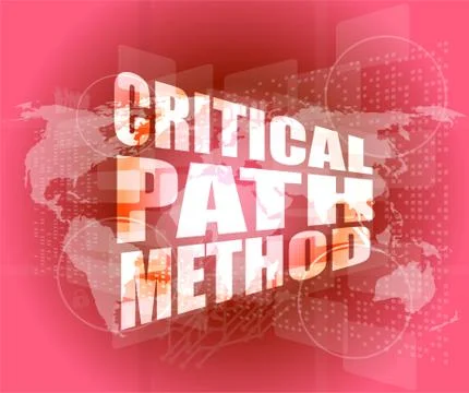 Critical path method words on digital screen with world map Stock Illustration