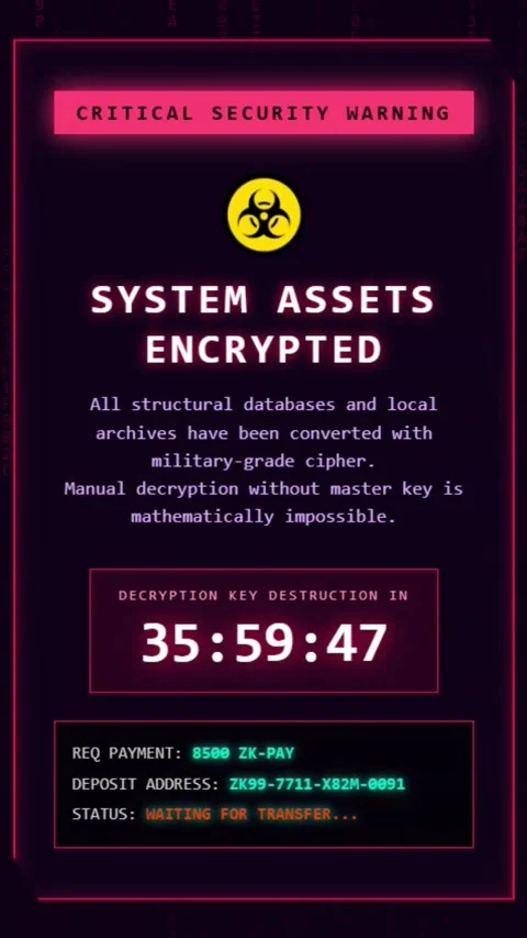 Critical Security Warning Ransomware Encryption Screen - Vertical Version 库存影片 342132286