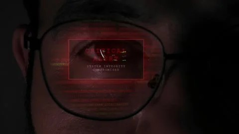 Critical System Alert Reflection On Hacker Glasses Screen Display Stock Footage 343021374