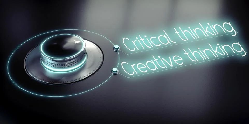 Critical thinking, creative thinking - rotary knob and glowing words - 3D i.. Illustrazione stock
