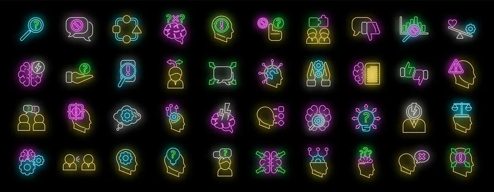 Critical thinking icons set vector neon Stock Illustration