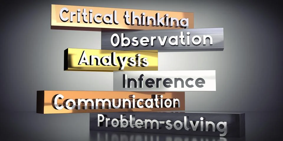 Critical thinking, observation, analysis, inference, communication, problem.. Illustrazione stock
