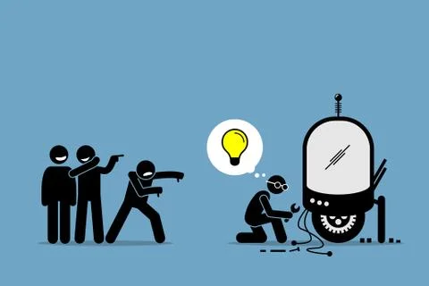 Critics Mocking and Making Fun of an Inventor from Creating and Inventing New Id Stock Illustration
