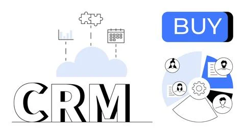 CRM acronym with cloud, analytics, puzzle, and calendar icons above, user pro 스톡 일러스트