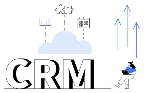 CRM acronym next to cloud, charts, puzzle piece, calendar, upward arrows, and 스톡 일러스트