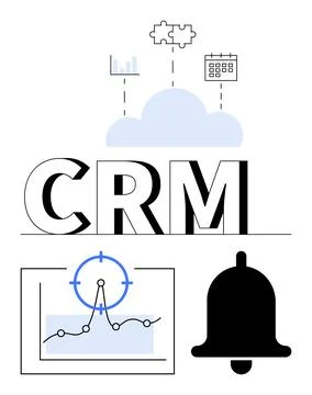 CRM Concept with Cloud, Analytics, Puzzle, Calendar, and Notification Bell Stock Illustration