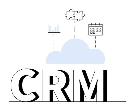 CRM concept with a cloud, bar graph, puzzle piece, and calendar graphic above Illustration