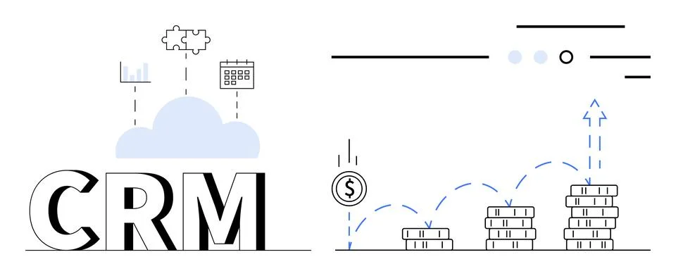 CRM concept with cloud storage, bar graph, calendar icon, dollar coin, and .. イラスト素材