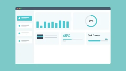 CRM dashboard in browser with a bar chart, progress ring and stat cards, teal 動画素材 342594095