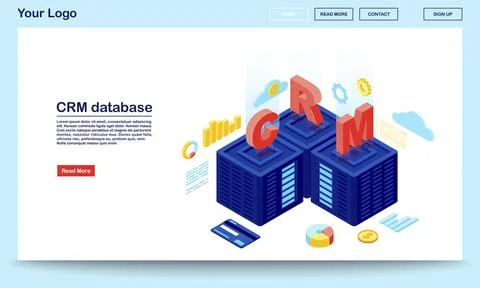 CRM database and server isometric landing page vector template Stock Illustration