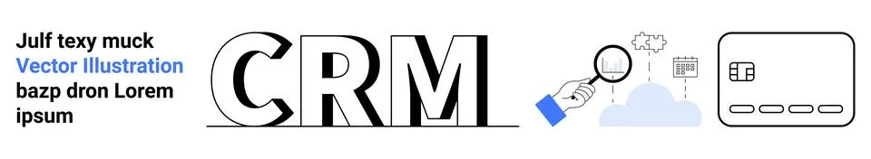 CRM elements with icons representing a magnifying glass focused on data, a cl Stock Illustration