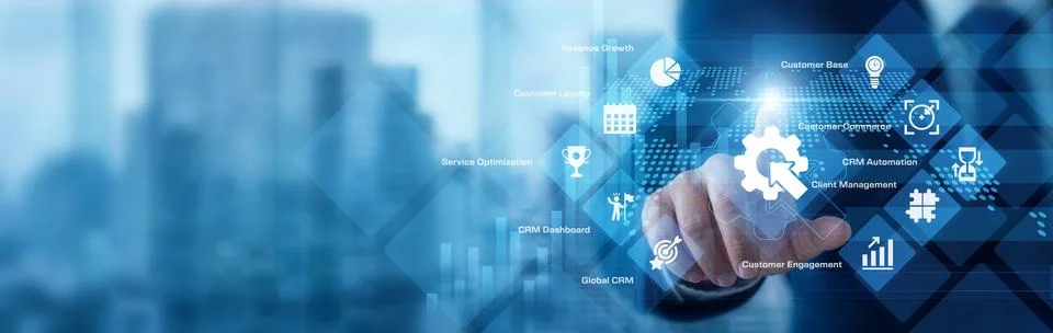 CRM expert analyzing digital data pointing hand at Customer Relationship Ma.. Stock Photos