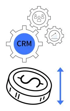 CRM with Gears Showing Customer Data and Economic Growth Symbol and Coin イラスト素材