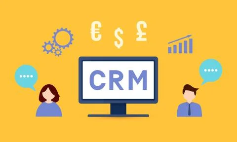 CRM lettering on the computer screen. Customer relationship management vector Stock Illustration