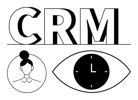 CRM lettering with user profile icon and clock inside eye. Ideal for customer Stock Illustration