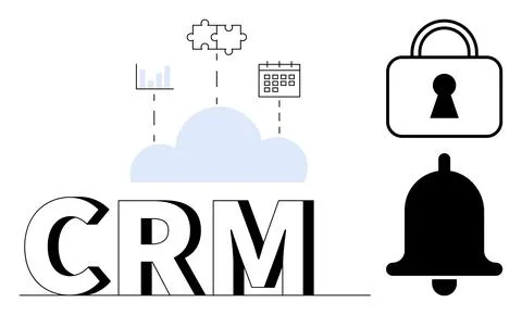 CRM letters below cloud with data graph, puzzle piece, and calendar icons. Se Illustrazione stock