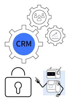 CRM Optimization Gears UI, User Settings, Growth Stats, Secure Lock, and Stock Illustration
