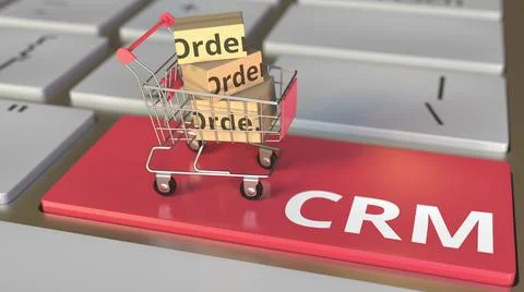 CRM or Customer Relationship Management text on computer keyboard and boxes in Illustration