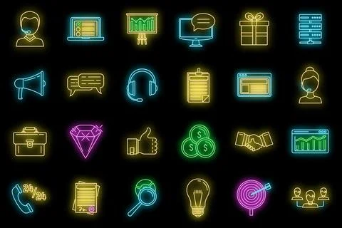 CRM platform icons set vector neon 库存插图
