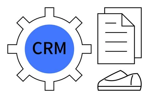 CRM Platform Integration Process with Gear, Documents, and Shoe Ending Workfl Stock Illustration