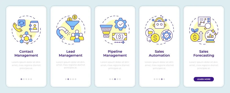 CRM software features onboarding mobile app screen Stock Illustration