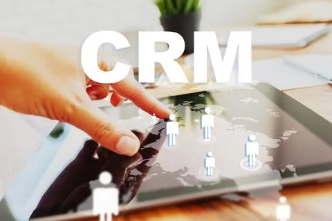 CRM software use for customer management during business meeting in office Stock Photos
