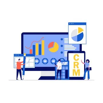 CRM software vector illustration concept with characters. Customer relation.. Stock Illustration