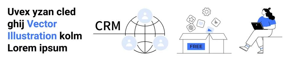 CRM Solutions with Global Network, Free Software Box, and Woman Using Laptop Stock Illustration