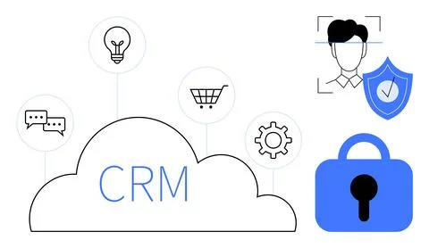 CRM System with Cloud, Security, and User Interface Elements Stock Illustration