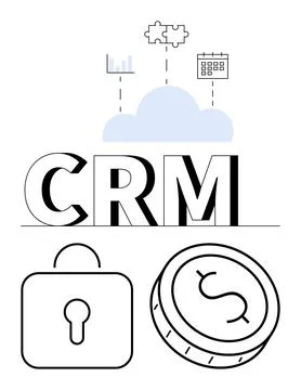 CRM system concept with cloud, puzzle pieces, graph, calendar, lock, and co.. Stock Illustration